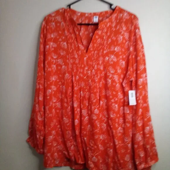 Old Navy Shirt Blouse Women XL Long Sleeve Babydoll Pattern Orange White - Picture 2 of 14